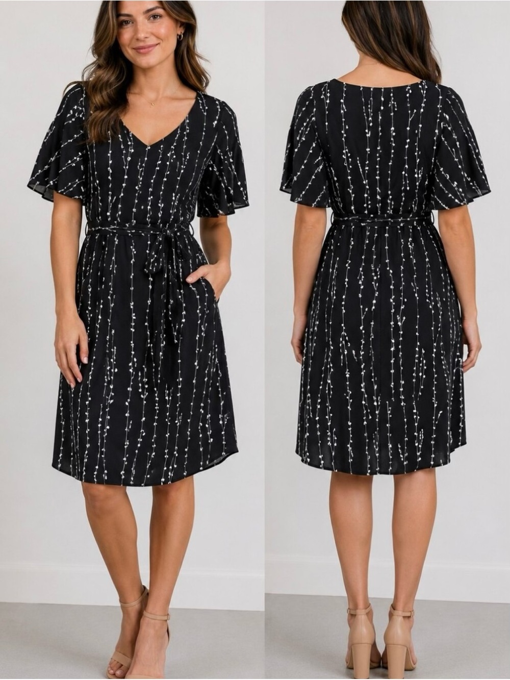 Black white leaf print Belted Flutter Sleeve Dress